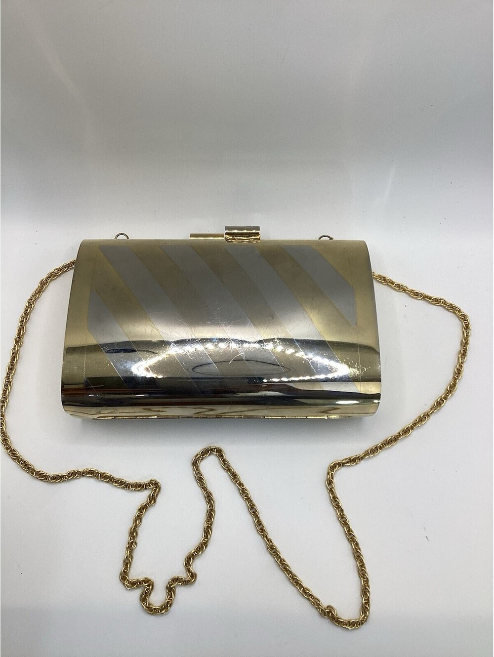 Vintage Metallic Gold And Silver Hard Case Clutch Evening Bag With Chain